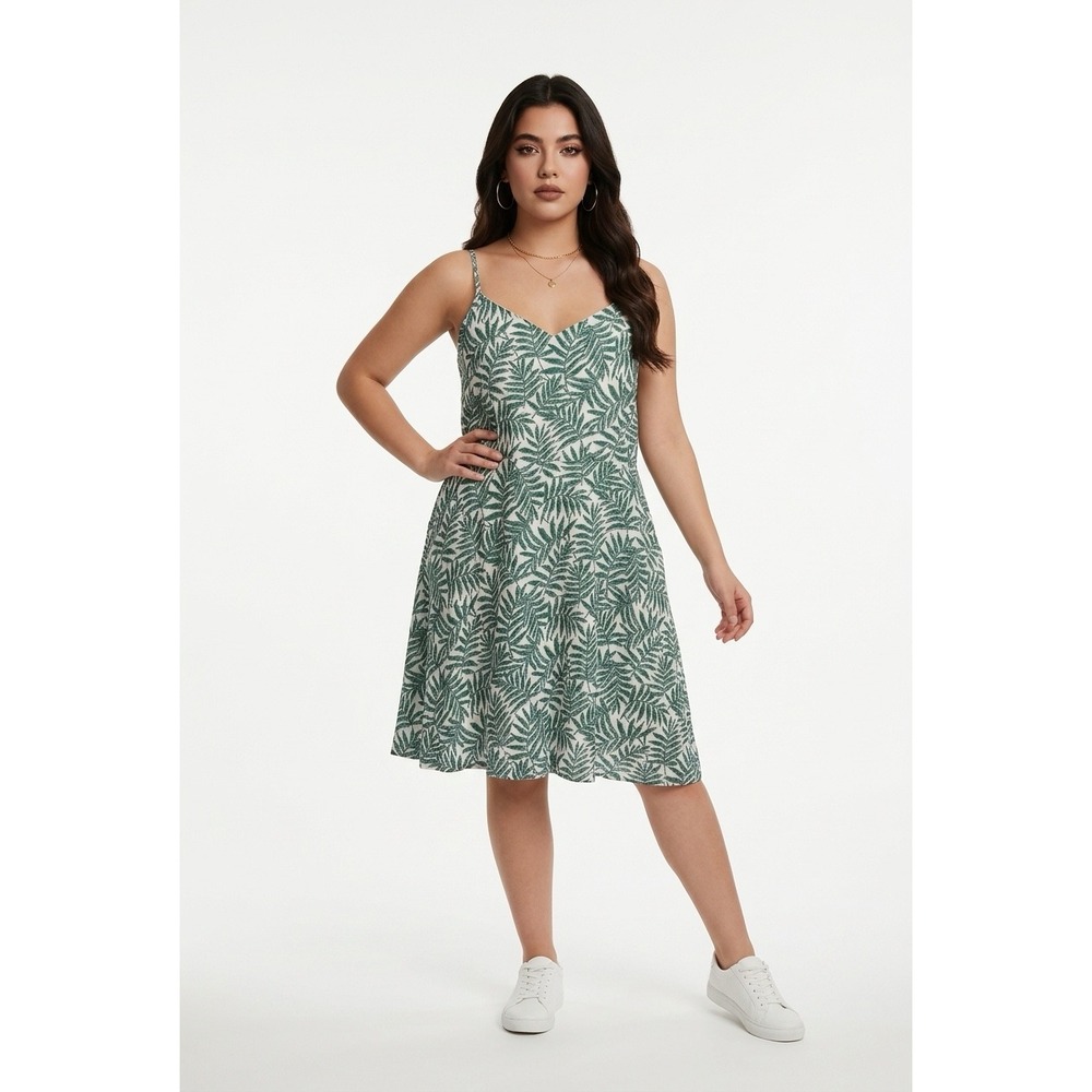 Green White Tropical Palm Summer Print  V-Neck Strappy Sundress with Pockets XL